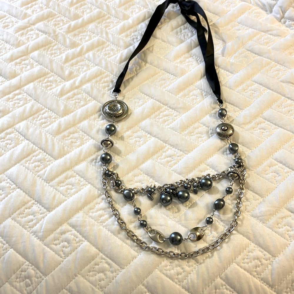 Silver mixed media statement necklace